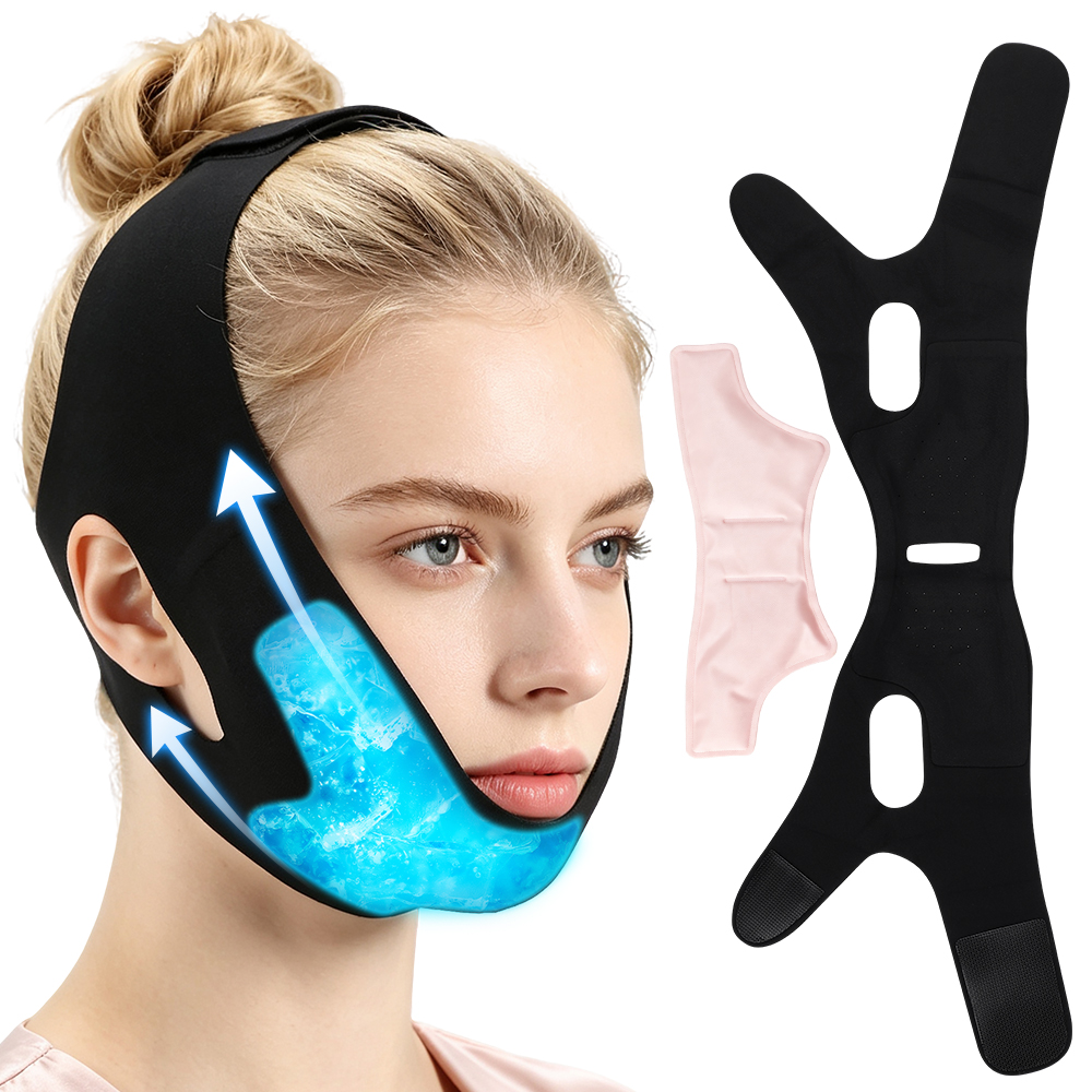 Black Face Mask Pack - Gesichts-Eispack mit wiederverwendbaren Heiß-Kalt-Gel-Packs, V-förmiger Kontur-Kiefergurt,