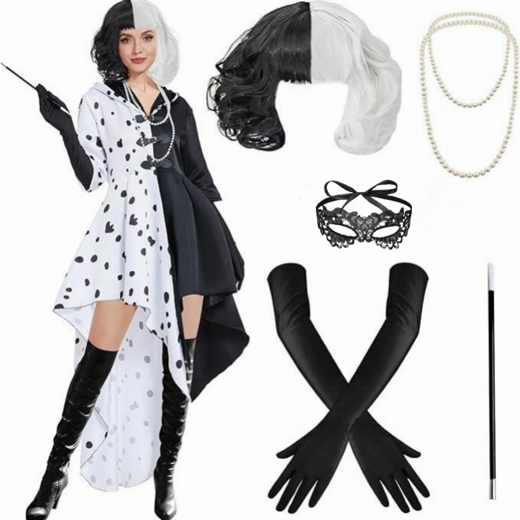Black Face Mask Pack - Damen-inspiriertes Cruella-Cosplay-Set: Schwarz-weiß gesprenkeltes High-Low-Kleid, Perücke,